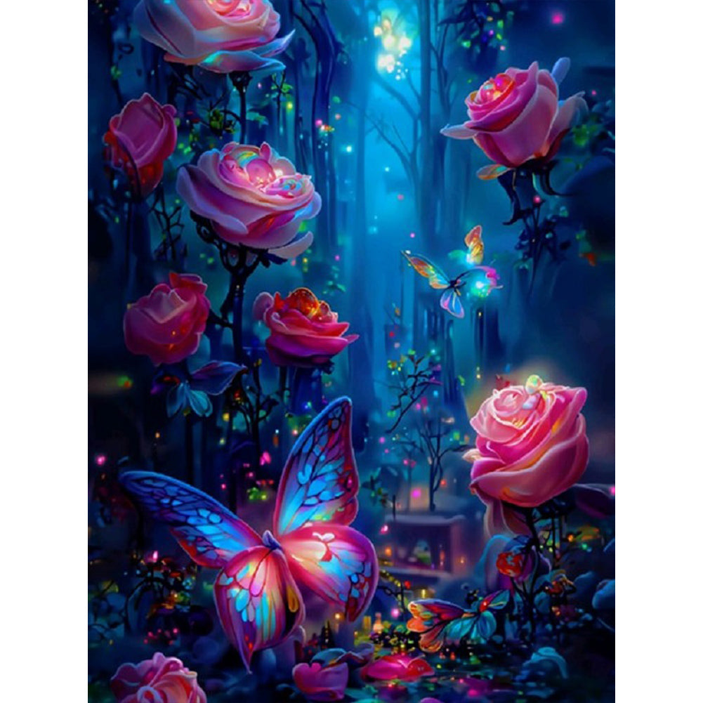 Diamond Painting - Full Round - Luminous rose forest with butterflies (35*45CM)