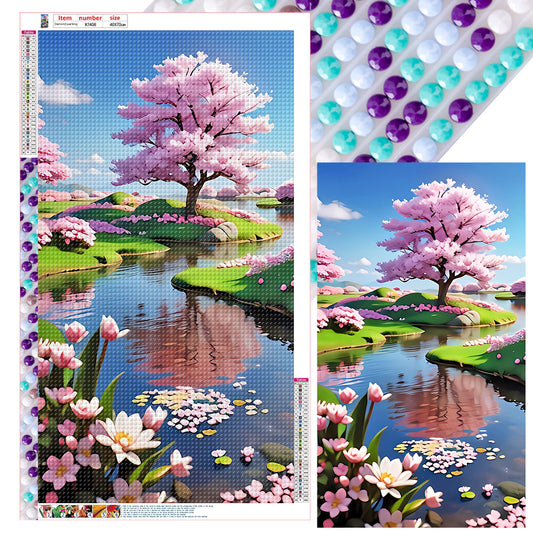 Diamond Painting - Full Round - Peach trees by the lake (40*70CM)