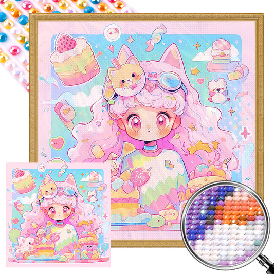 AB Diamond Painting - Full Round - Pink-haired girl with cat ears and dessert (40*40CM)