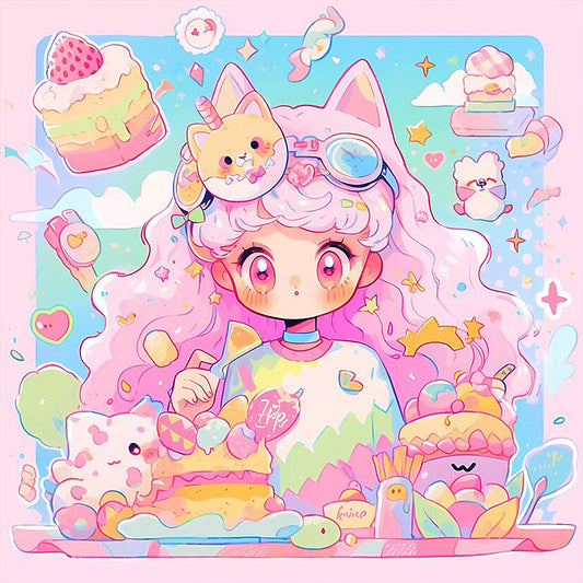 AB Diamond Painting - Full Round - Pink-haired girl with cat ears and dessert (40*40CM)