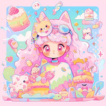 Load image into Gallery viewer, AB Diamond Painting - Full Round - Pink-haired girl with cat ears and dessert (40*40CM)
