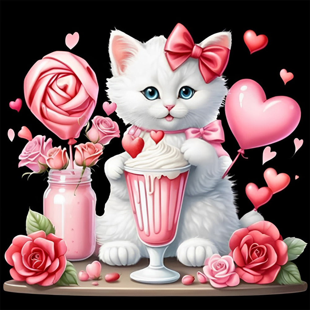 Diamond Painting - Full Round - Valentine love white cat (30*30CM)