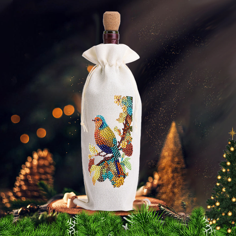 Bird Diamond Painting Burlap Wine Gift Bags for Christmas Wedding Birthday Party