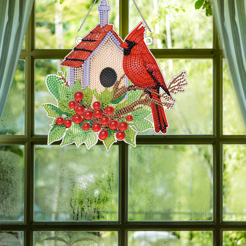 Acrylic Single-Sided DIY Diamond Painting Hanging Pendant (Bird House Cardinal)