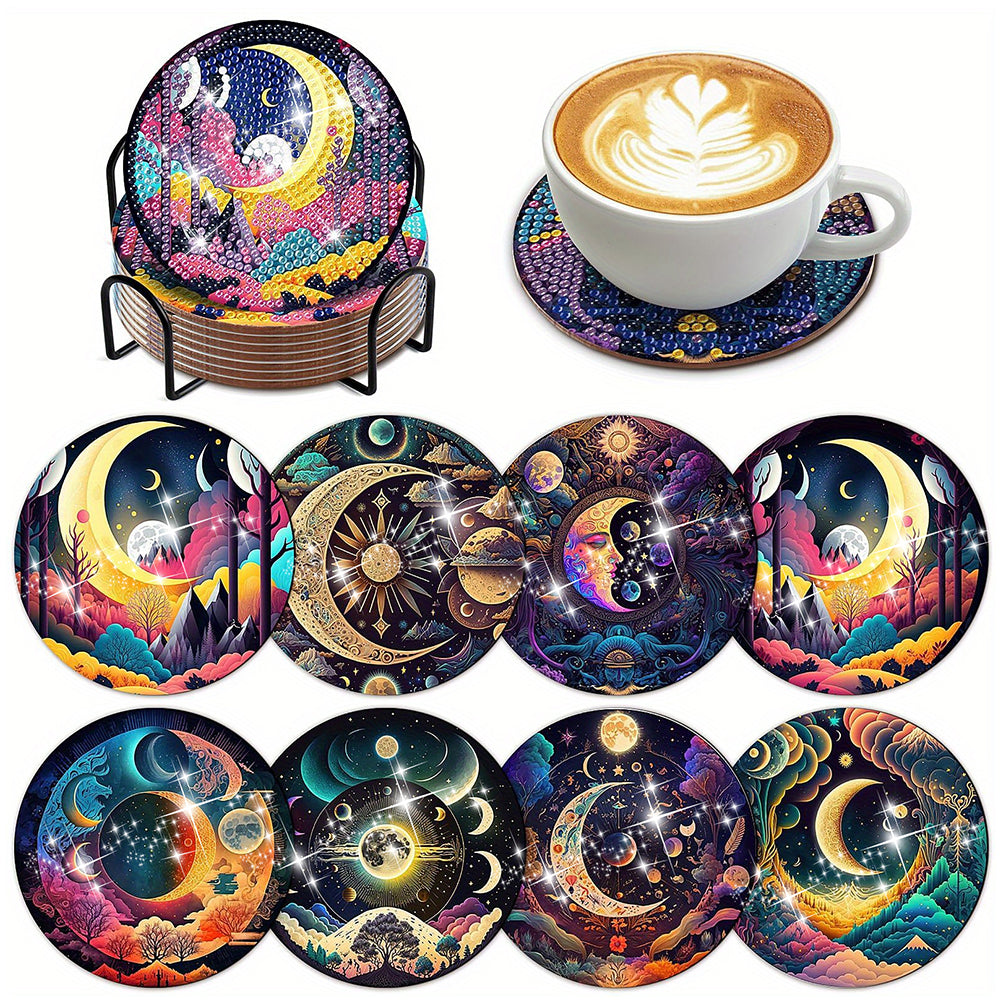 8 PCS Acrylic Moonlit Scene Diamond Painting Art Crafts Coaster Kit with Holder