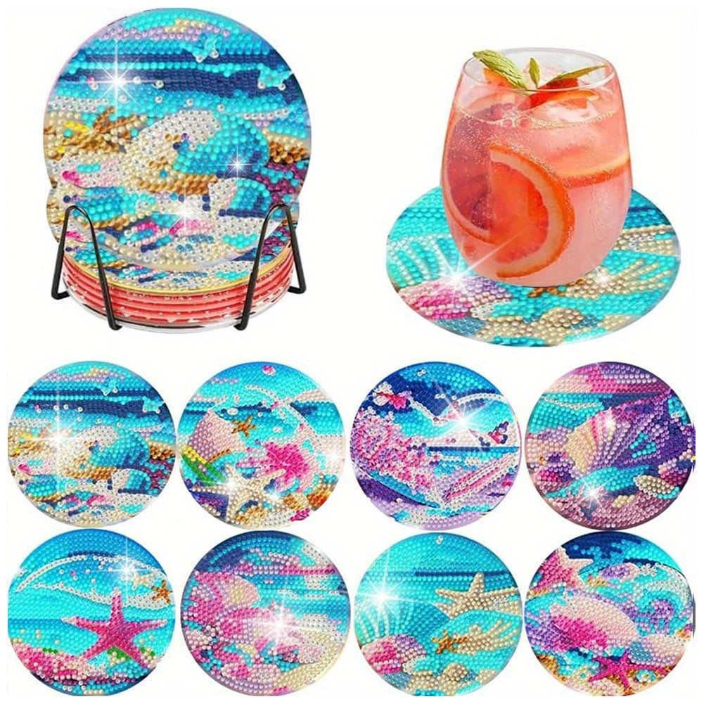8 PCS Acrylic Moonlit Scene Diamond Painting Art Crafts Coaster Kit with Holder