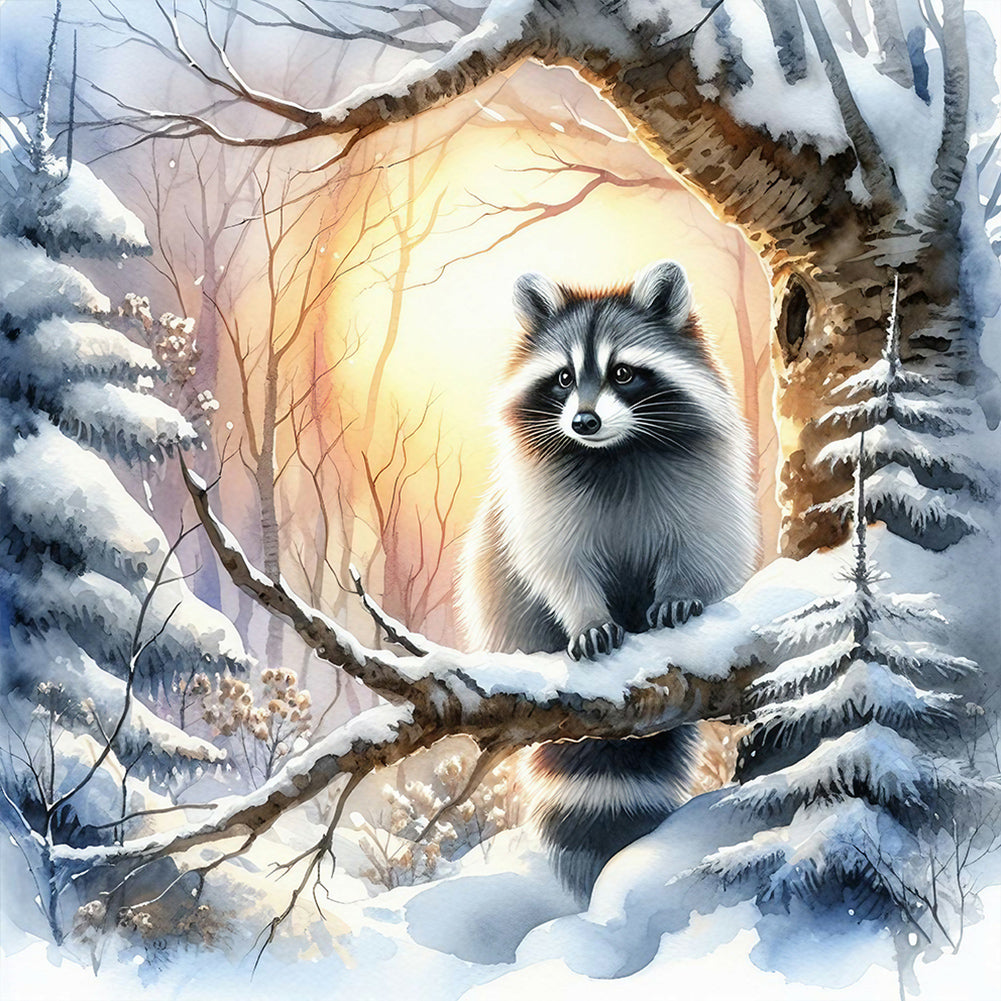 Diamond Painting - Full Round - raccoon in snow (30*30CM)