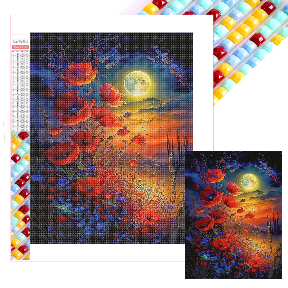 Diamond Painting - Full Square - Red flowers under the moon (30*40CM)