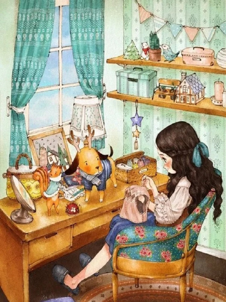 Diamond Painting - Full Round - girl sewing clothes (30*40CM)