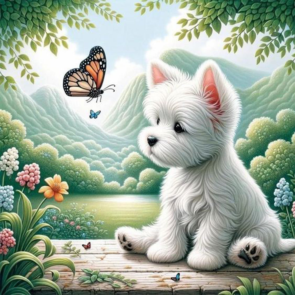 Diamond Painting - Full Round - Puppy playing with butterfly (40*40CM)