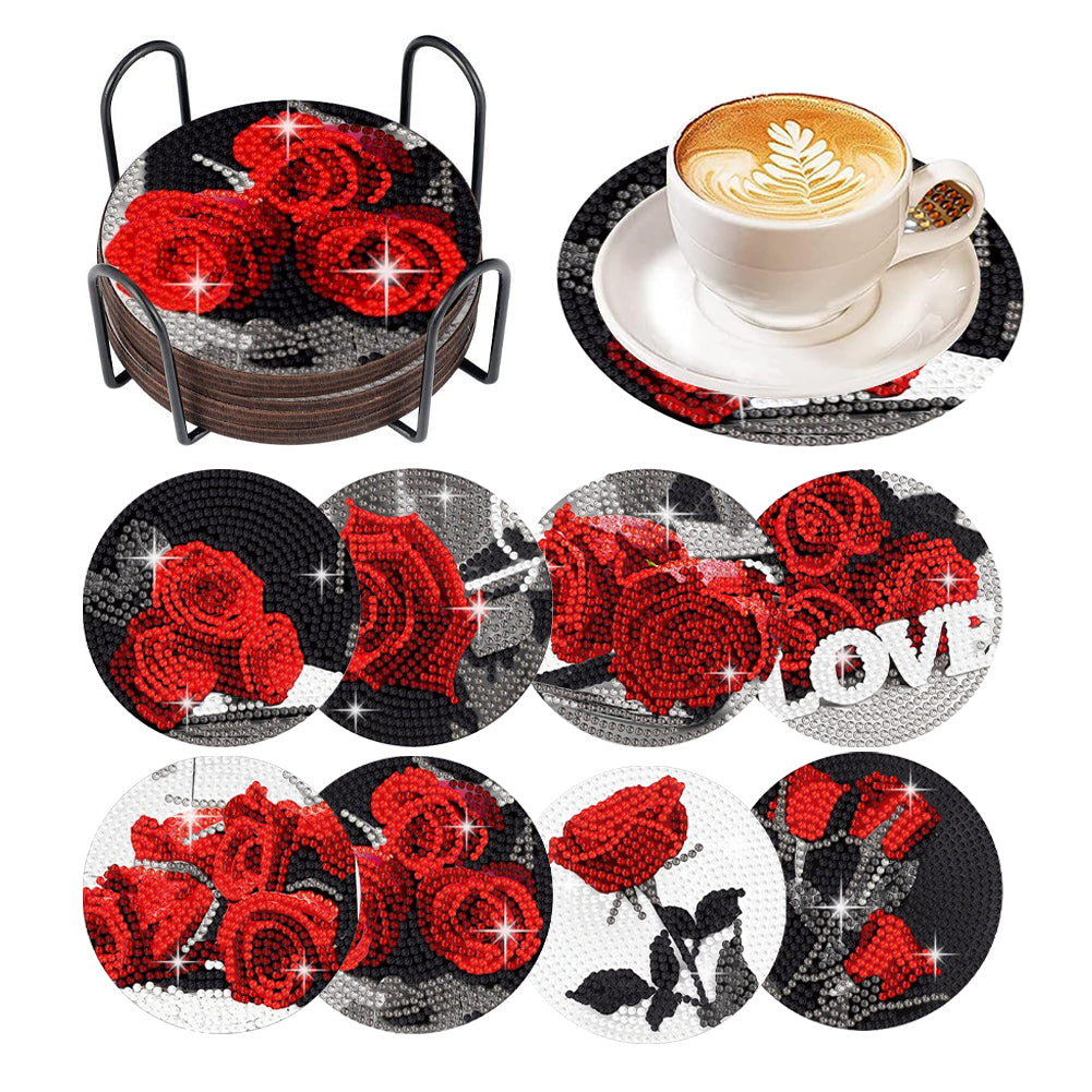 8 Pcs Acrylic Red Rose Diamond Painting Crafts Coaster with Holder for Beginners