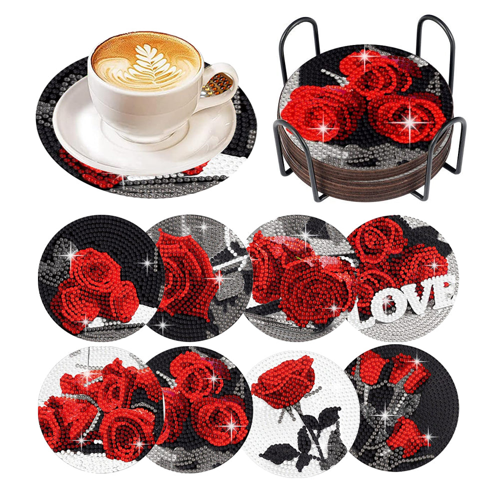 8 Pcs Acrylic Red Rose Diamond Painting Crafts Coaster with Holder for Beginners
