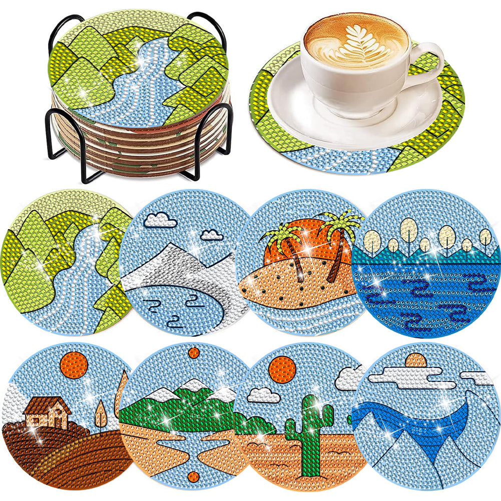 8 Pcs Animal Texture Wooden Biscuit Diamond Painting Art Coaster Kit with Holder