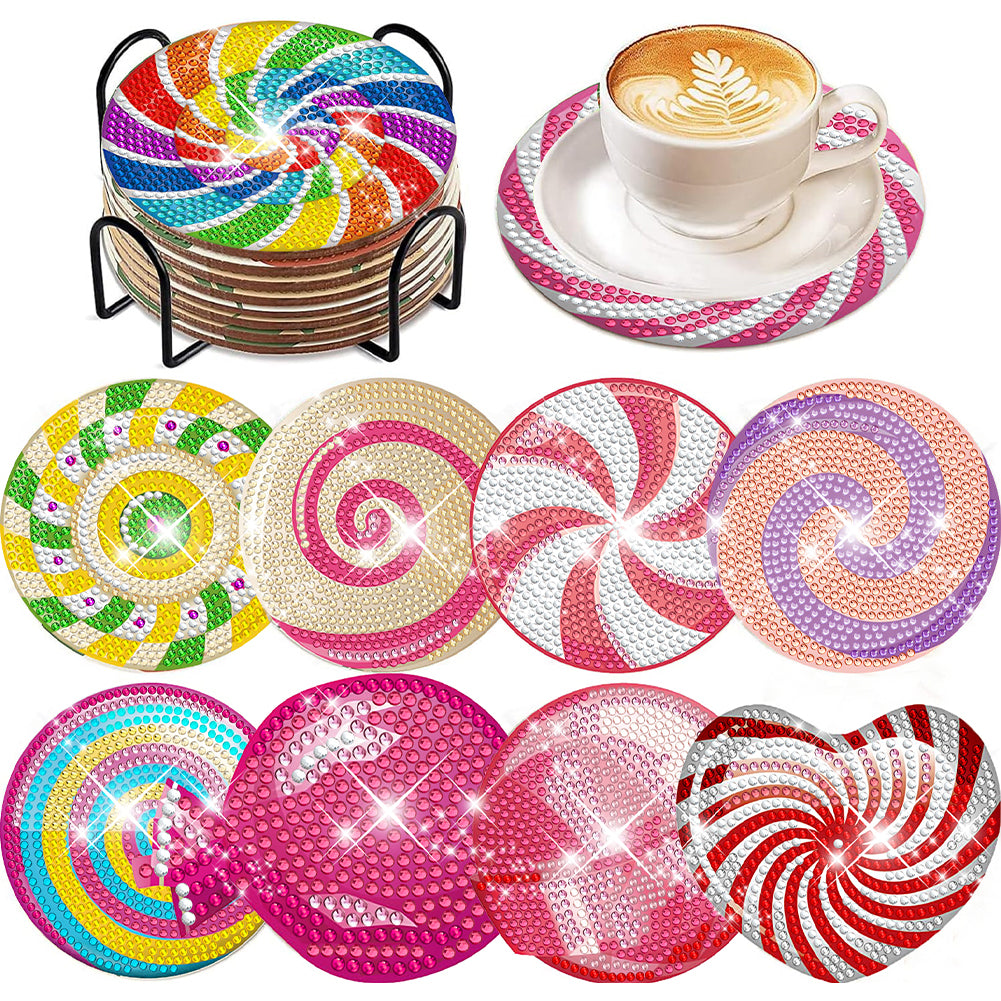 8 Pcs Animal Texture Wooden Biscuit Diamond Painting Art Coaster Kit with Holder