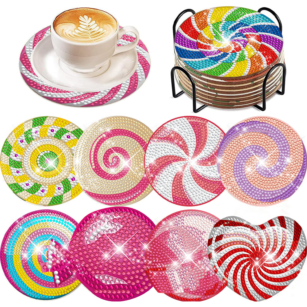 8 Pcs Animal Texture Wooden Biscuit Diamond Painting Art Coaster Kit with Holder