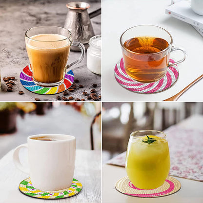 8 Pcs Animal Texture Wooden Biscuit Diamond Painting Art Coaster Kit with Holder