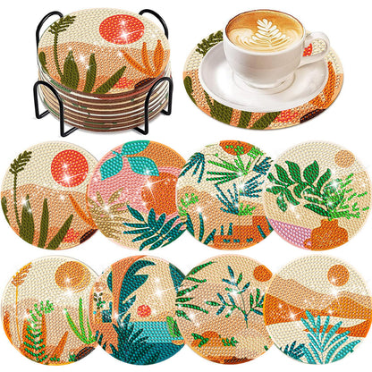 8 Pcs Animal Texture Wooden Biscuit Diamond Painting Art Coaster Kit with Holder