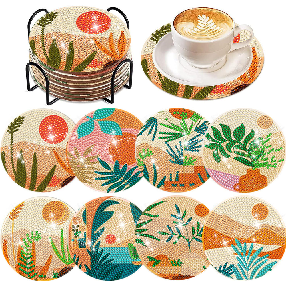 8 Pcs Animal Texture Wooden Biscuit Diamond Painting Art Coaster Kit with Holder