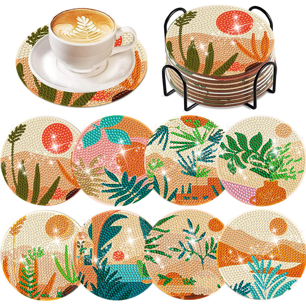 8 Pcs Animal Texture Wooden Biscuit Diamond Painting Art Coaster Kit with Holder