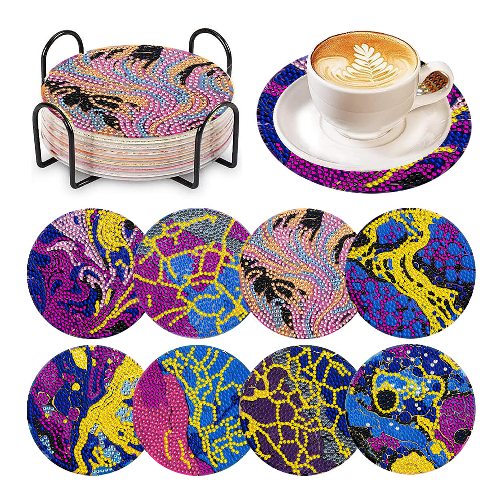8 Pcs Animal Texture Wooden Biscuit Diamond Painting Art Coaster Kit with Holder