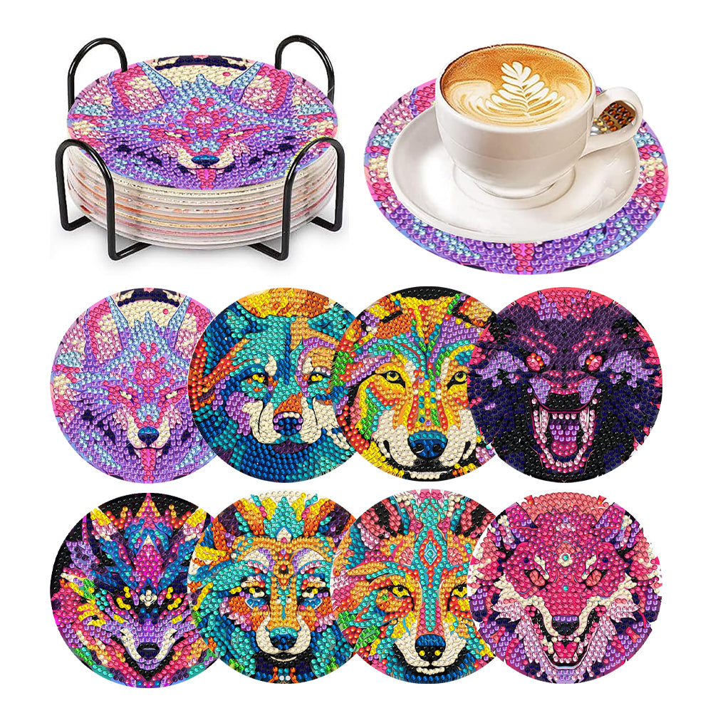 8 Pcs Animal Texture Wooden Biscuit Diamond Painting Art Coaster Kit with Holder