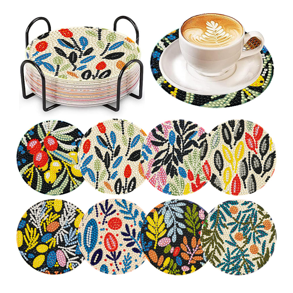 8 Pcs Animal Texture Wooden Biscuit Diamond Painting Art Coaster Kit with Holder