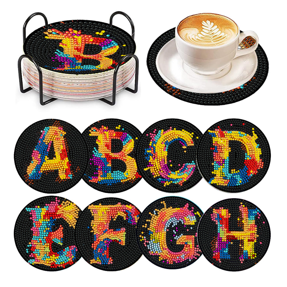 8 Pcs Animal Texture Wooden Biscuit Diamond Painting Art Coaster Kit with Holder