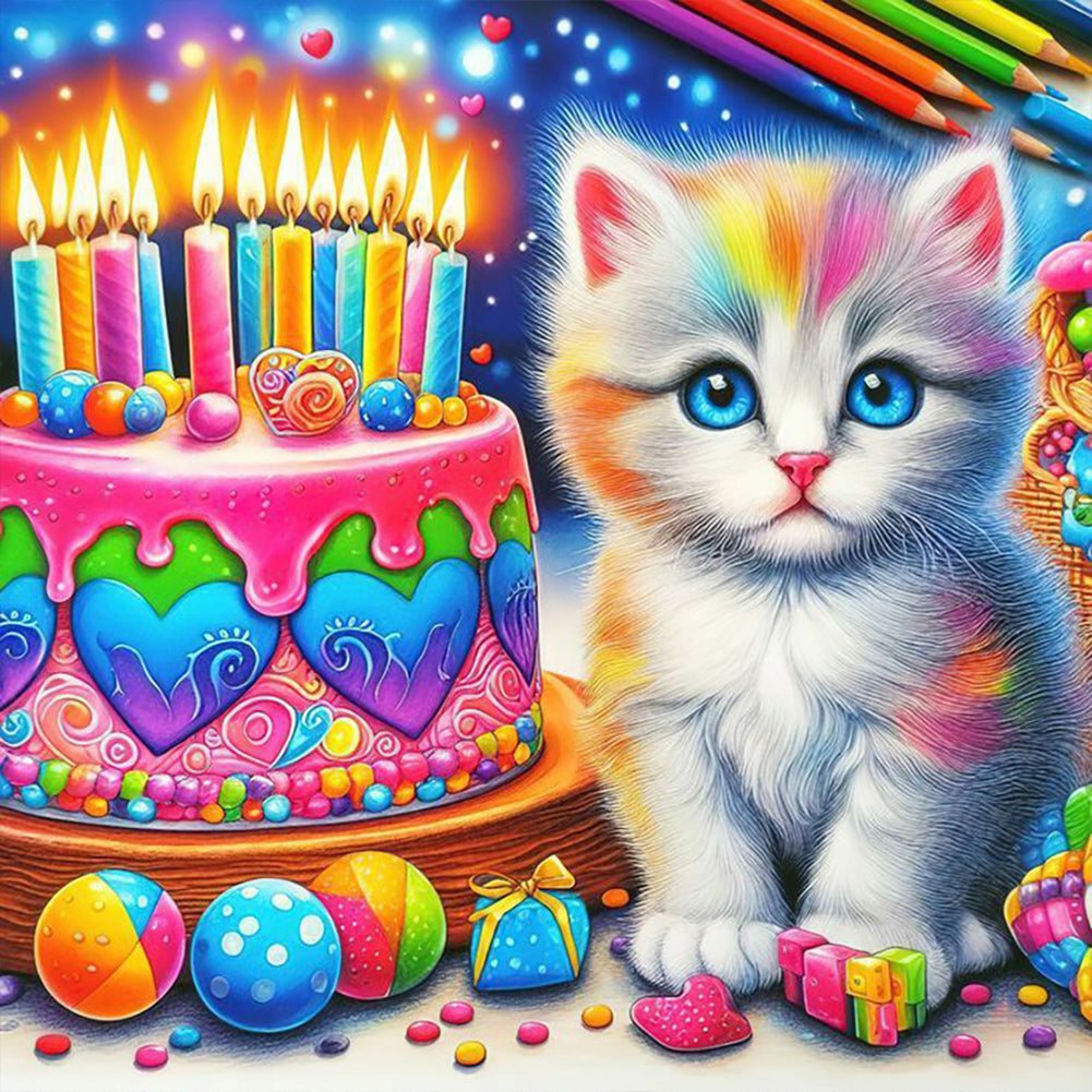 Diamond Painting - Full Round - Cat with colorful cake (40*40CM)