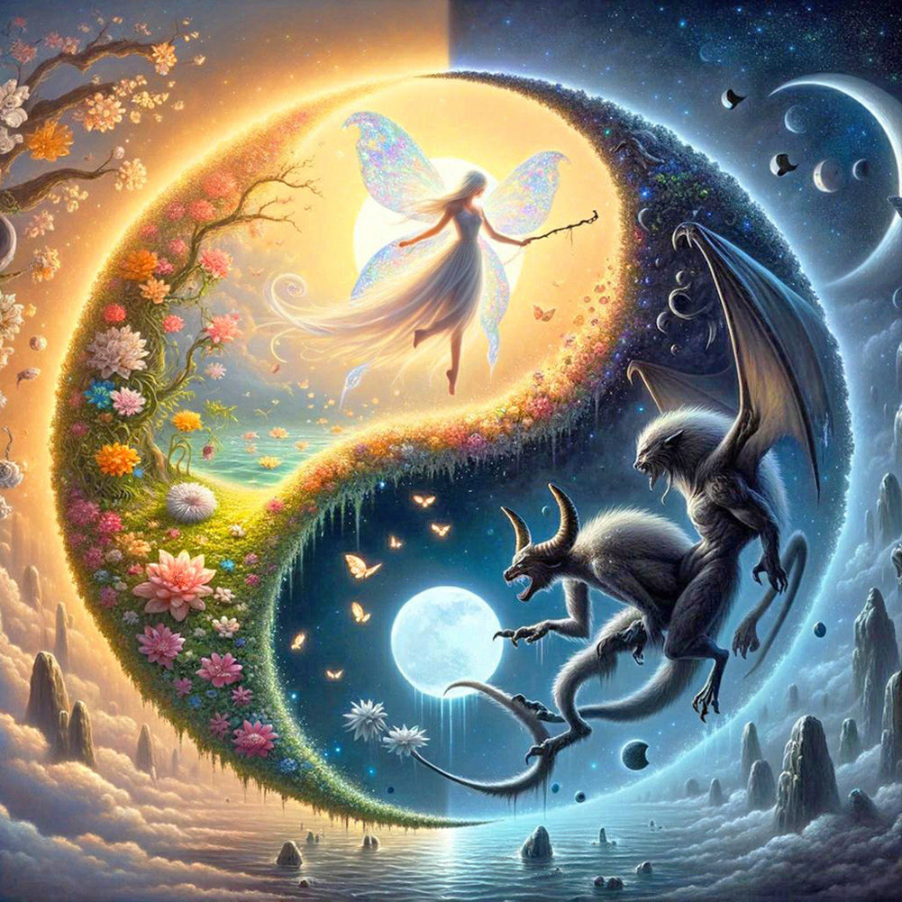 Diamond Painting - Full Round - Yin Yang Diagram Elves and Monsters (40*40CM)