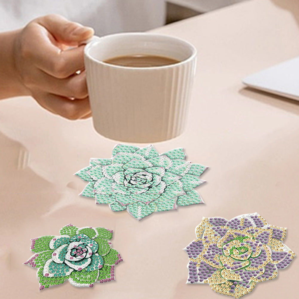10 Pcs Wooden Heart Succulent Plant Diamond Painting Art Coaster Kit with Holder