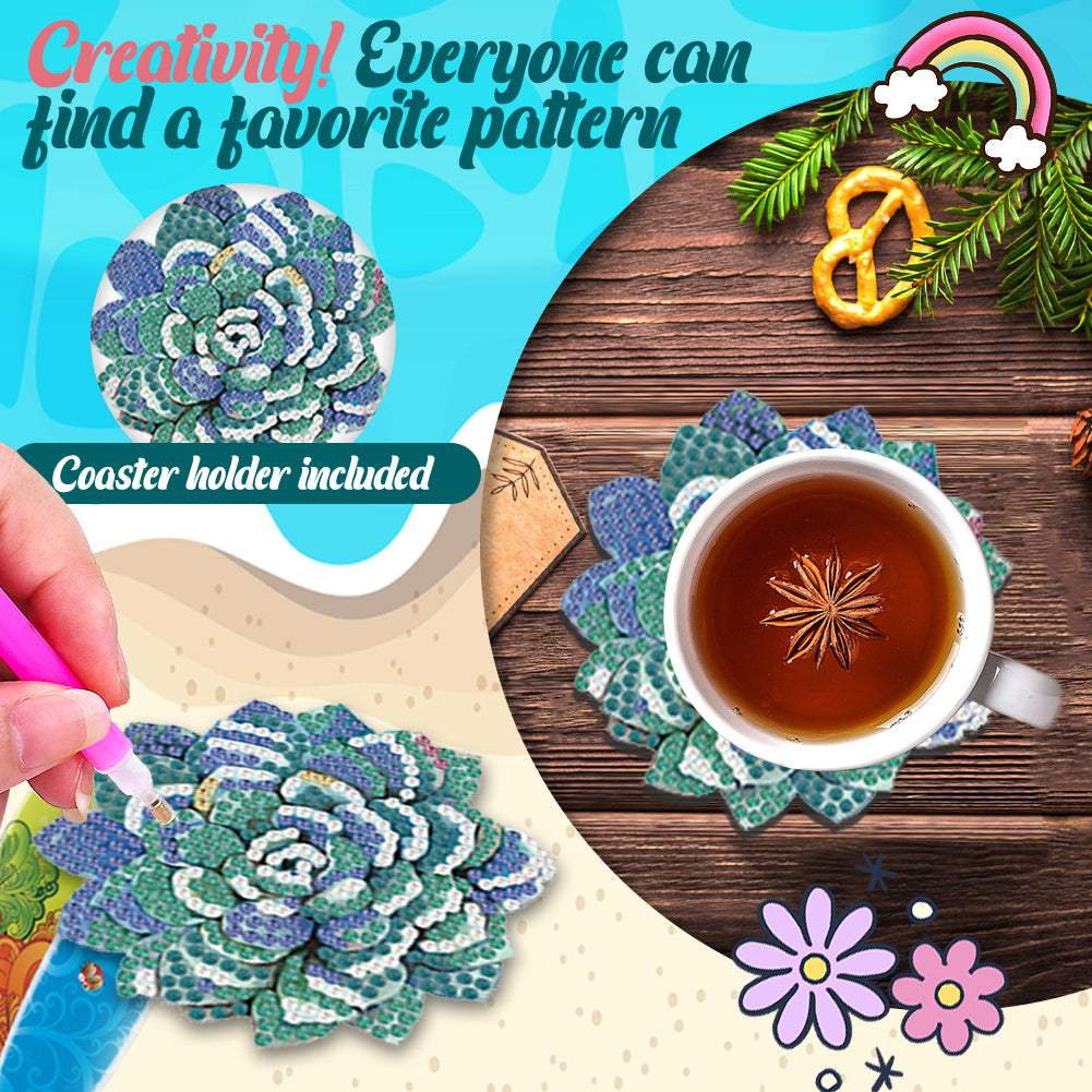 10 Pcs Wooden Heart Succulent Plant Diamond Painting Art Coaster Kit with Holder