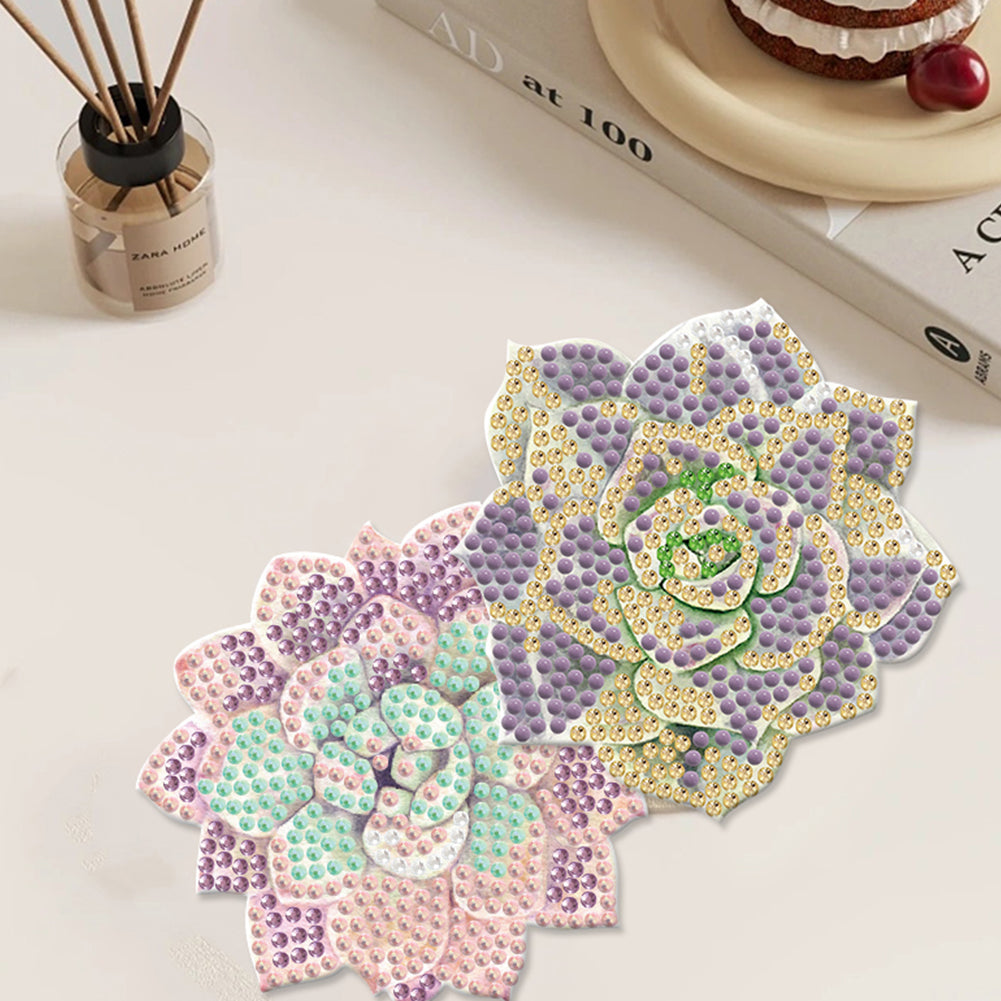 10 Pcs Wooden Heart Succulent Plant Diamond Painting Art Coaster Kit with Holder