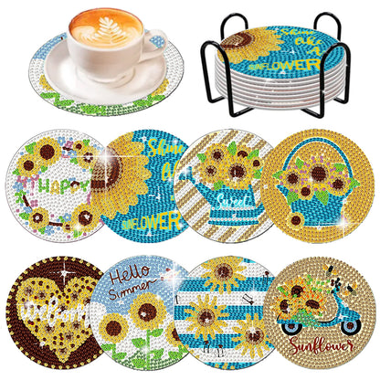 8 Pcs Wooden Sunflower Animal Diamond Painting Art Coasters for Beginners Adults