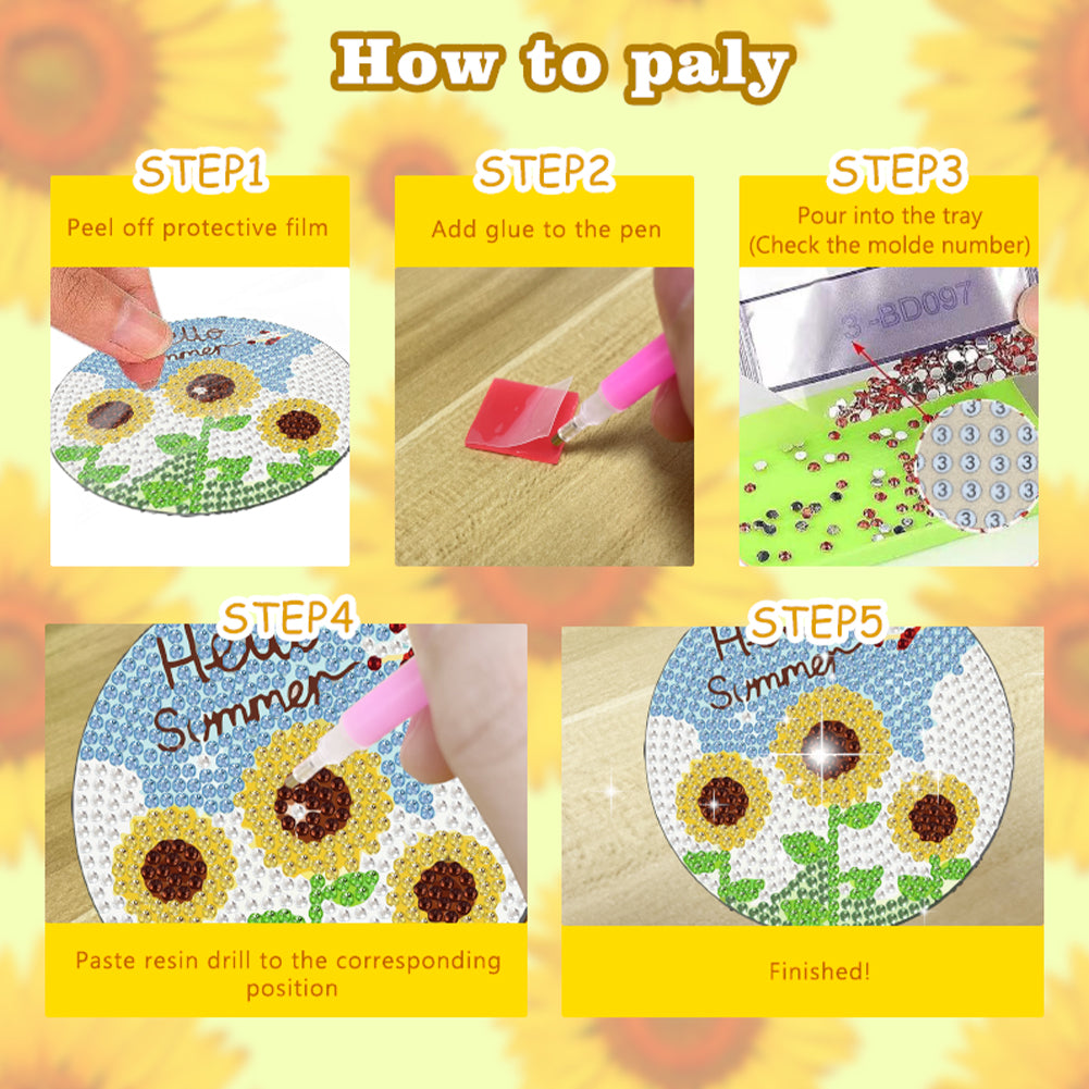 8 Pcs Wooden Sunflower Animal Diamond Painting Art Coasters for Beginners Adults