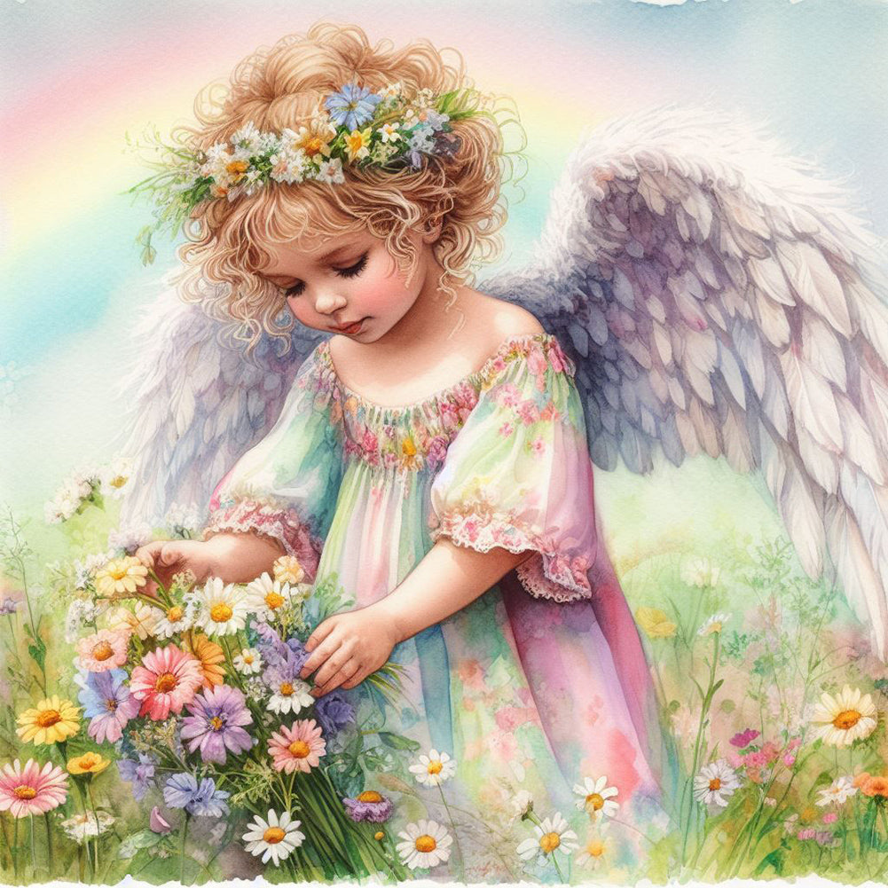 Diamond Painting - Full Round - Angel baby picking flowers (30*30CM)