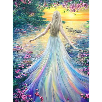 Diamond Painting - Full Round - Girl in colorful skirt by the lake (30*40CM)