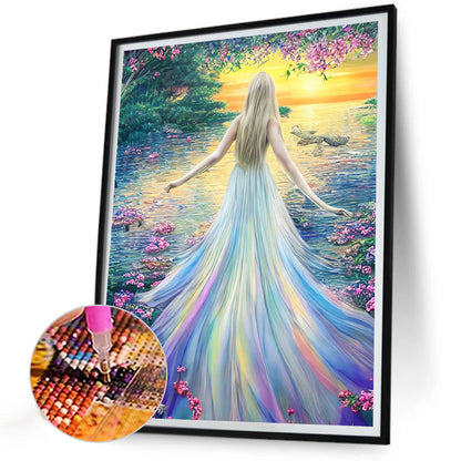 Diamond Painting - Full Round - Girl in colorful skirt by the lake (30*40CM)