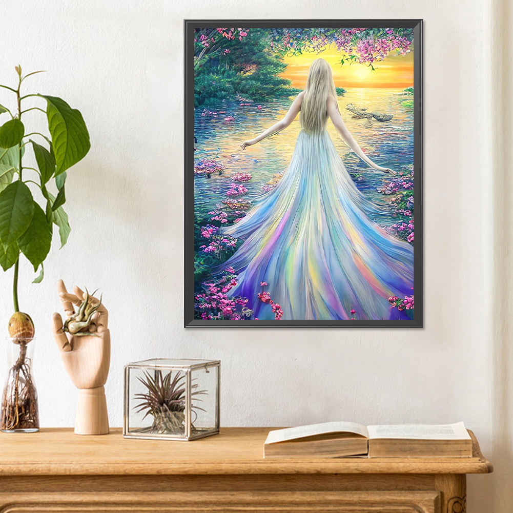 Diamond Painting - Full Round - Girl in colorful skirt by the lake (30*40CM)