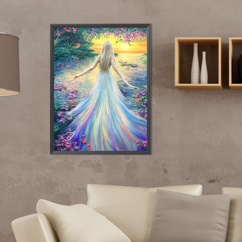 Diamond Painting - Full Round - Girl in colorful skirt by the lake (30*40CM)