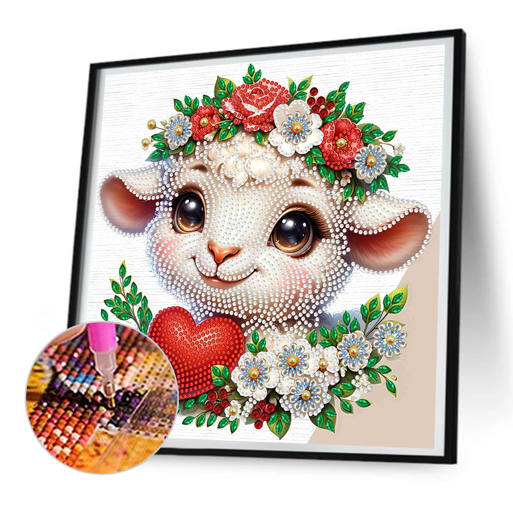 Diamond Painting - Partial Special Shaped - Little sheep wearing flowers (30*30CM)