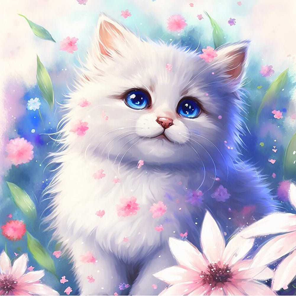 Diamond Painting - Full Round - Flowers and white cat (30*30CM)