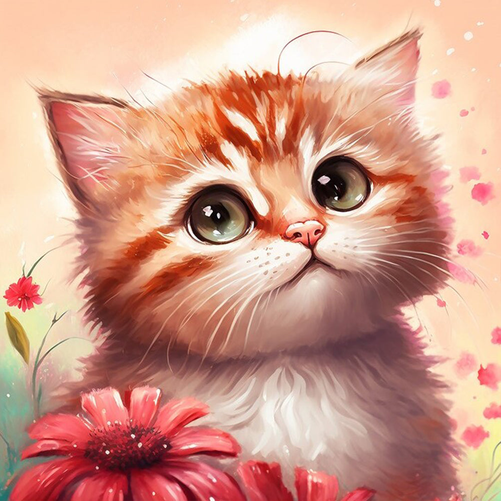 Diamond Painting - Full Round - Flower and orange cat (30*30CM)