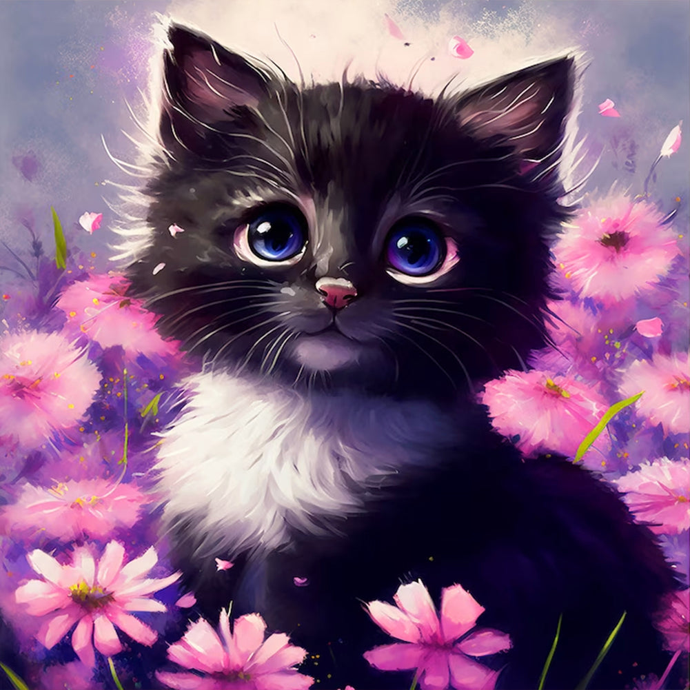 Diamond Painting - Full Round - Purple flower and black cat (30*30CM)