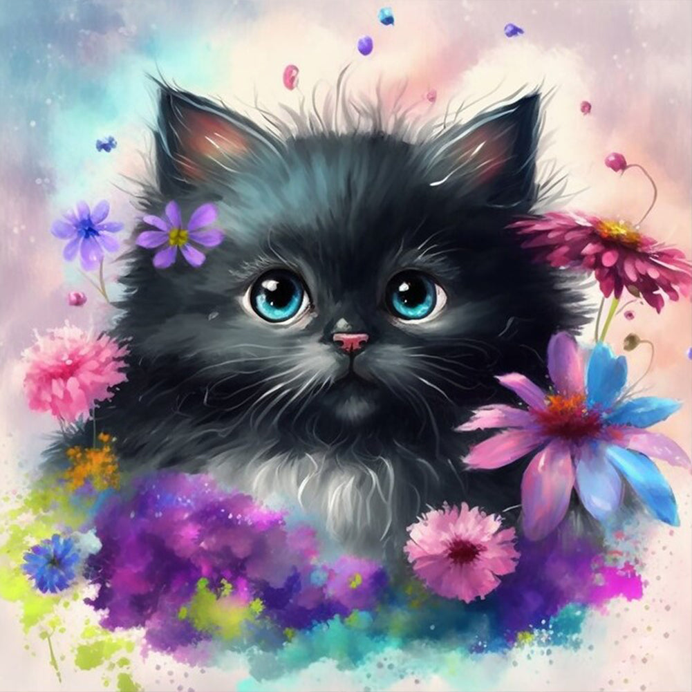 Diamond Painting - Full Round - Flowers and black cat (30*30CM)