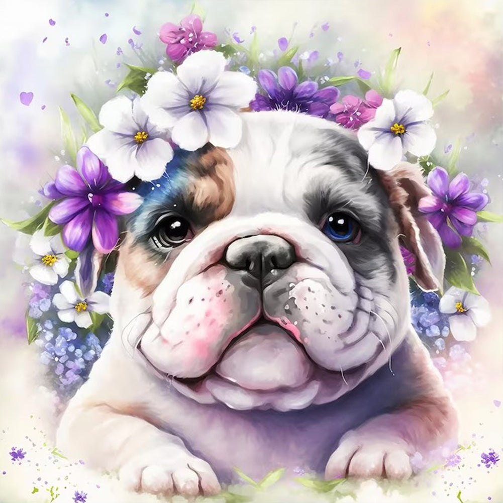 Diamond Painting - Full Round - Flowers and bulldogs (30*30CM)