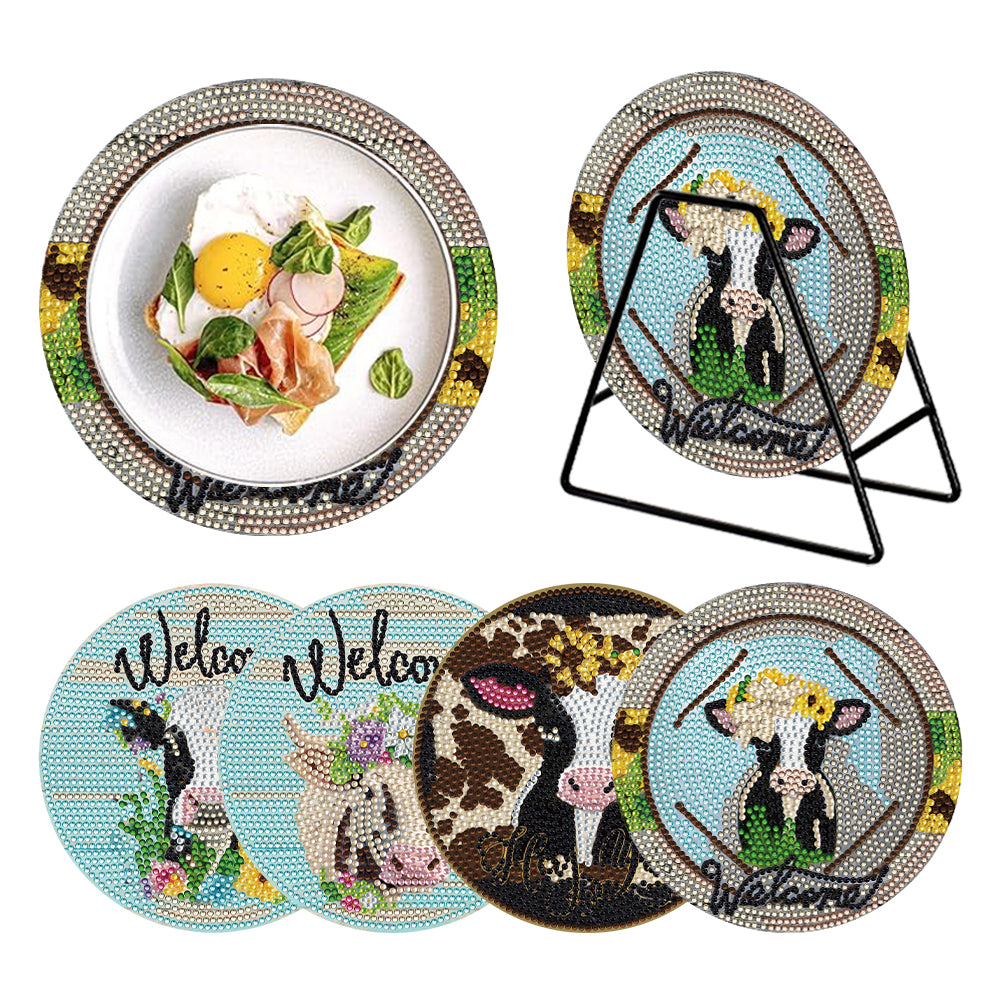 4 Pcs Milk Cow Wooden Diamond Painted Placemats Tea Art Bouquet Kitchen Dish Mat