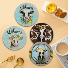 Load image into Gallery viewer, 4 Pcs Milk Cow Wooden Diamond Painted Placemats Tea Art Bouquet Kitchen Dish Mat
