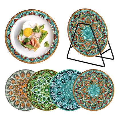 4 Pcs Milk Cow Wooden Diamond Painted Placemats Tea Art Bouquet Kitchen Dish Mat