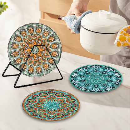 4 Pcs Milk Cow Wooden Diamond Painted Placemats Tea Art Bouquet Kitchen Dish Mat