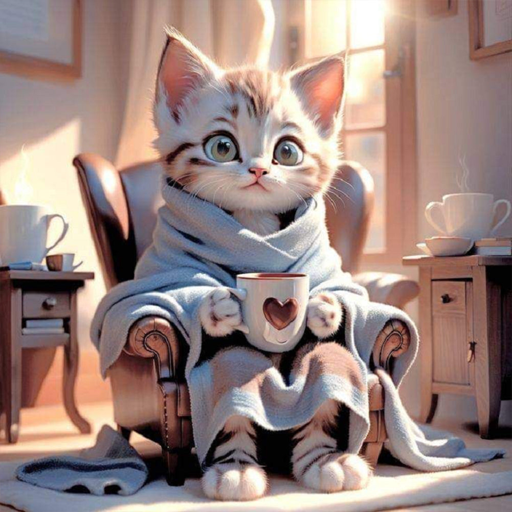 Diamond Painting - Full Round - cat drinking coffee (30*30CM)